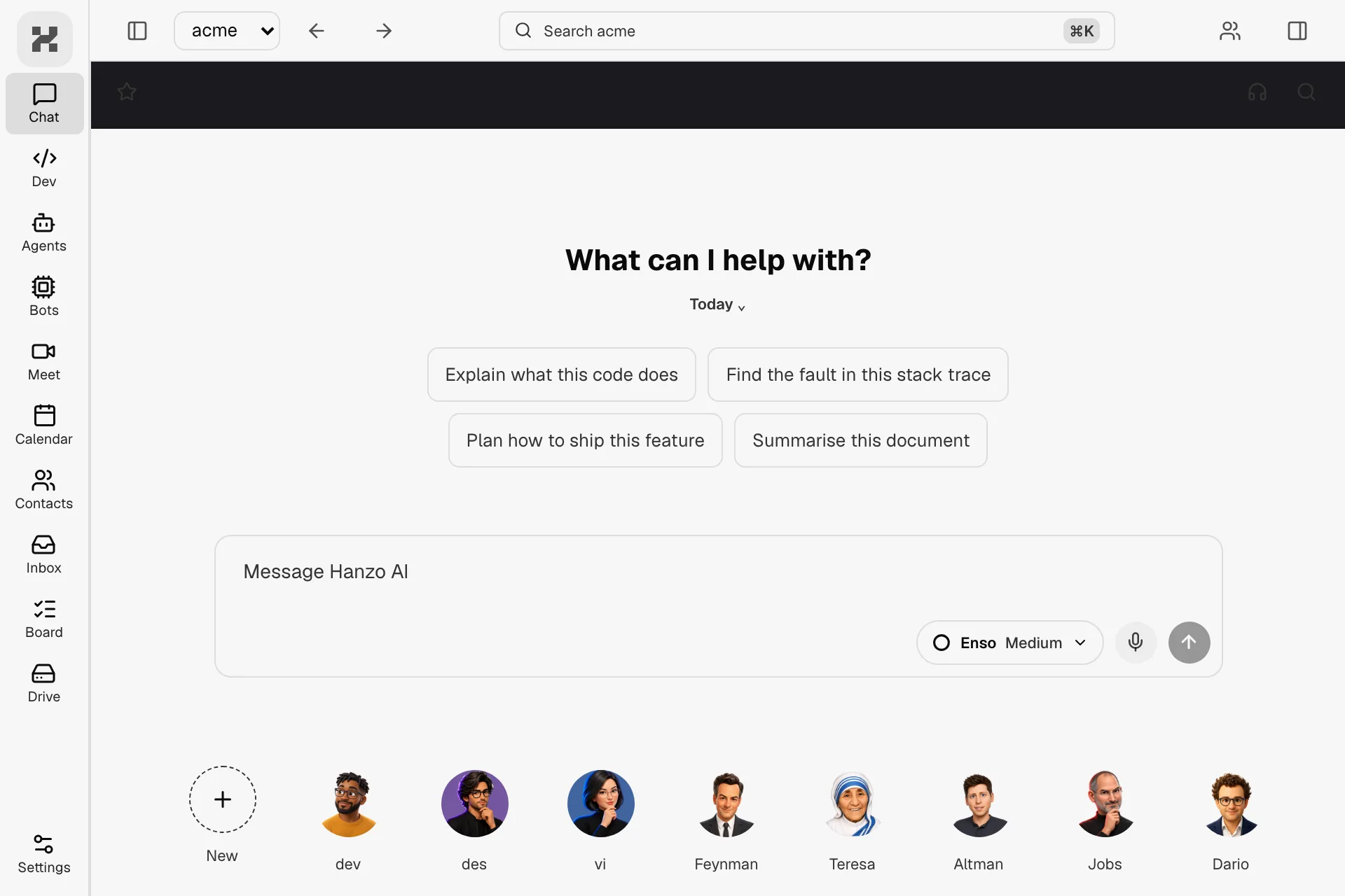 The chat room: What can I help with?, four starters, the composer with Enso, the mic and send, and the crew — Dev, Des, Vi, Enso — under it
